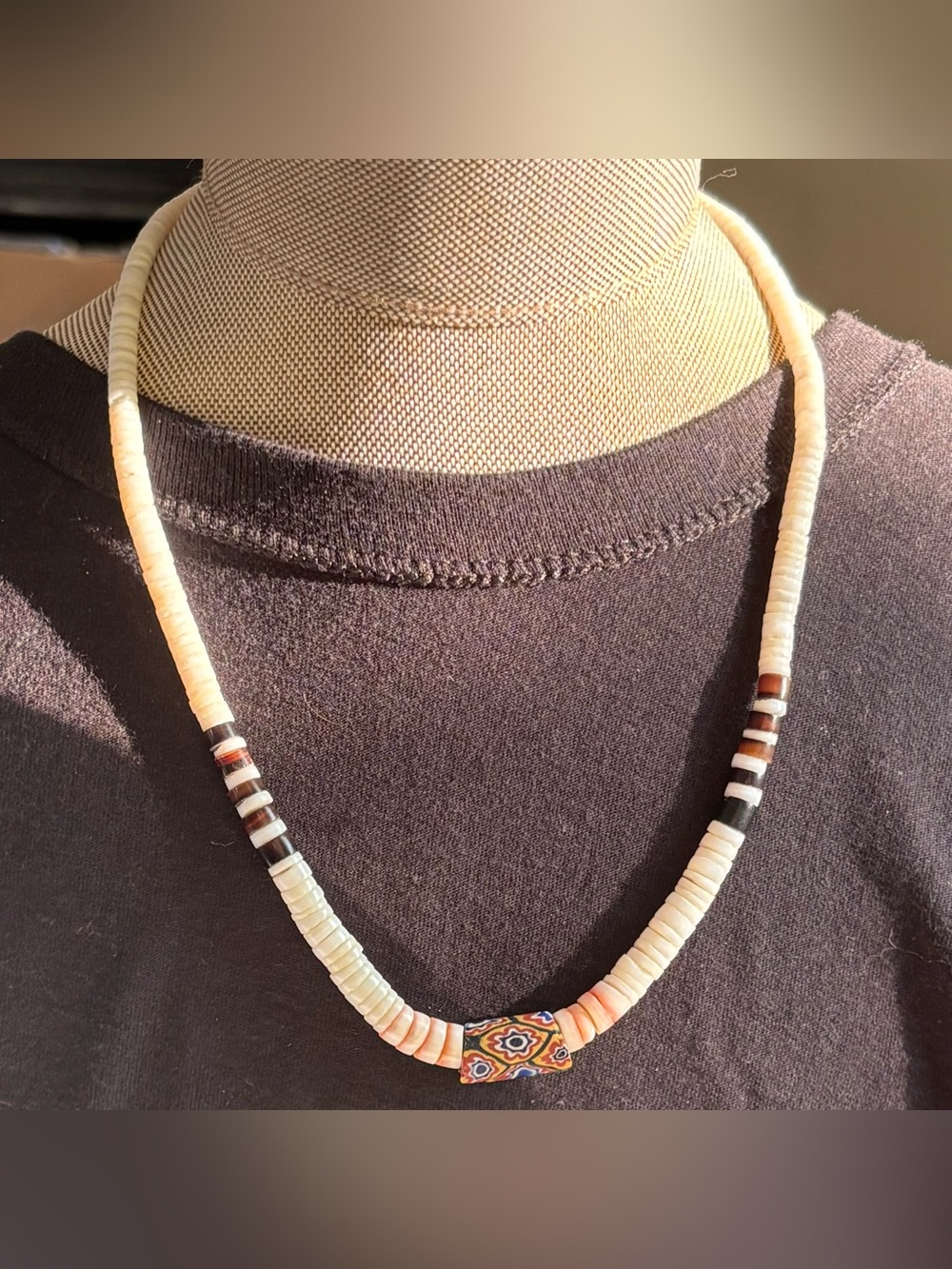 Vintage Sterling Shell Heishi Necklace Antique Venetian Millefiori Trade Bead